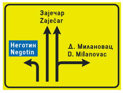 Znak prestrojavanje vozila sa nazivima naseljenih mesta (III-11.1)